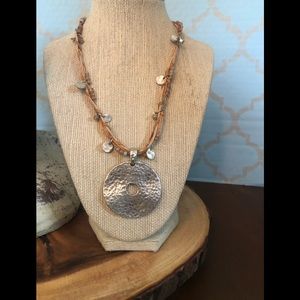 Chico’s Natural Leather Necklace w/Metallic and Matte Beads & Hammered Pendant